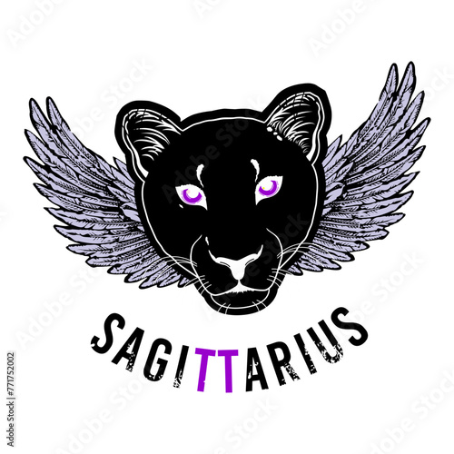 Sagittarius. T-shirt design of the sagittarius symbol along with a feline head with wings on a white background.