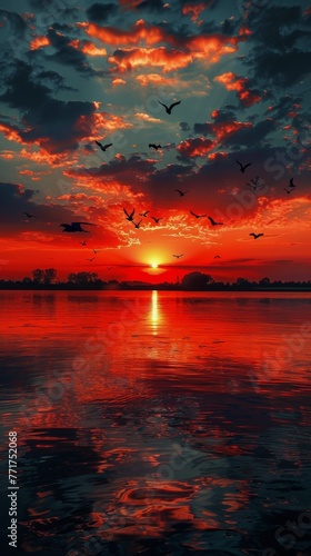 Birds Flying Over Water at Sunset