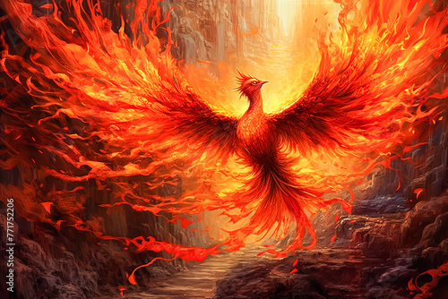 A red bird with flames on its wings flying through a rocky landscape