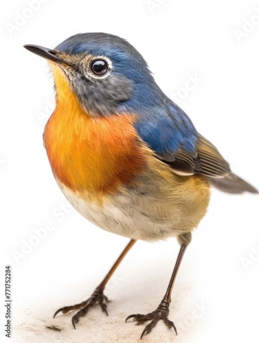 Small bird with blue, orange feathers, long tail standing on branch. Bird looking to left. Background white.