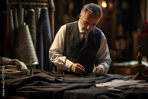 Experienced Mature tailor working in atelier. Person male sewing studio fabric. Generate Ai