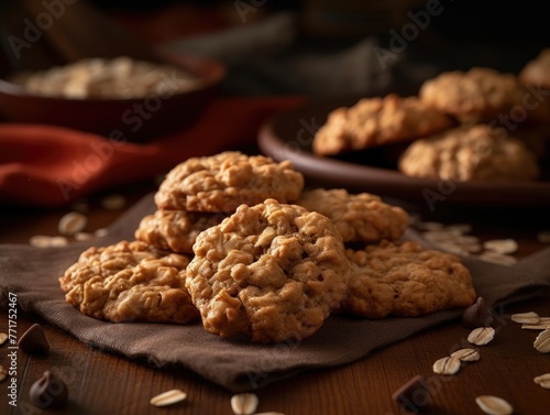 Close-up of pile of oatmeal cookies with chocolate chips on brown napkin with some chocolate chips, oatmeal flakes scattered on table. photo