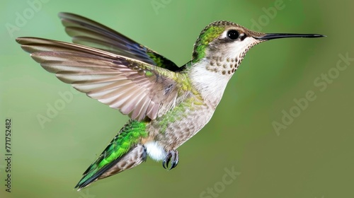  Hummingbird flying in air with wings spread, green background, blurred hummingbird in foreground