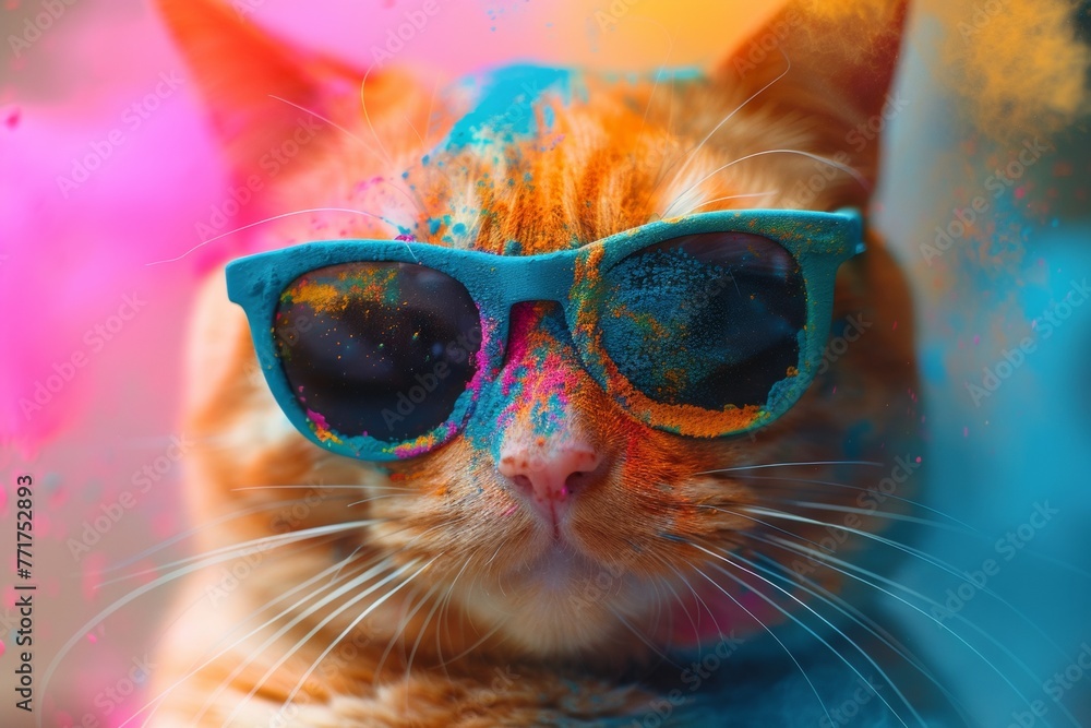 Holi Festival Powder and happy cat. A Felidae feline with orange sunglasses and nose covered in colorful powder. Generative AI