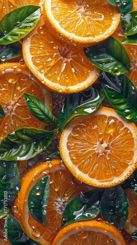 Group of Oranges on Green Leaves