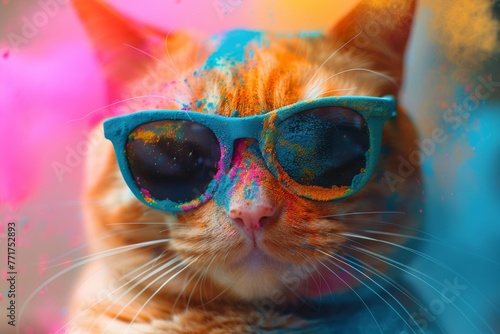 Holi Festival Powder and happy cat. A Felidae feline with orange sunglasses and nose covered in colorful powder. Generative AI