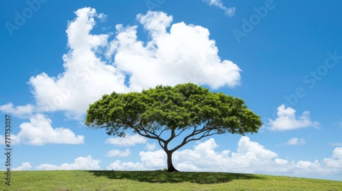  A solitary tree towering atop a verdant hilltop  bathed in azure skies dotted with billowy white clouds
