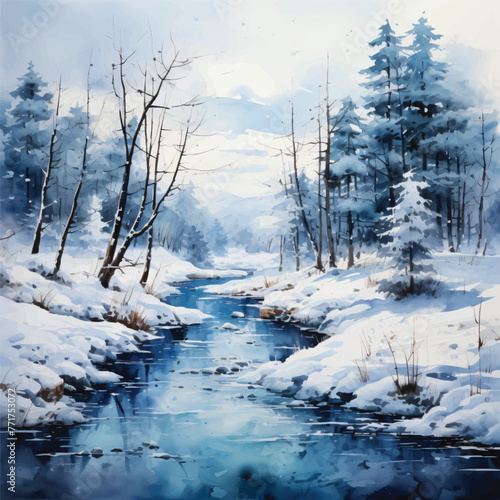 A watercolour painting of a snowy winter scene