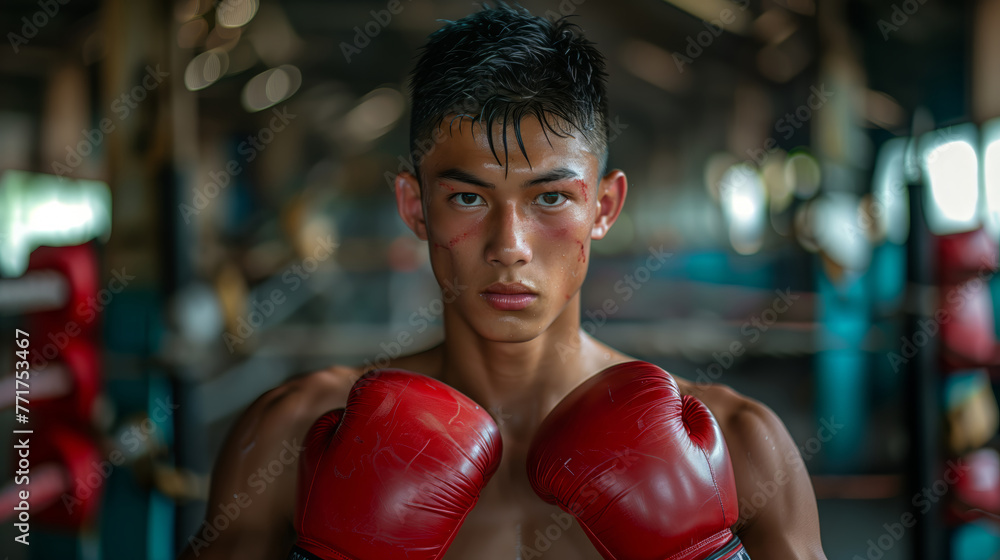 Shirtless 17 years old Thai teenage wearing red boxing gloves looking at camera Shirtless 17 years old Thai teenage wearing red boxing gloves looking at camera