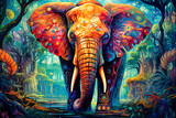A colorful elephant is standing in a forest