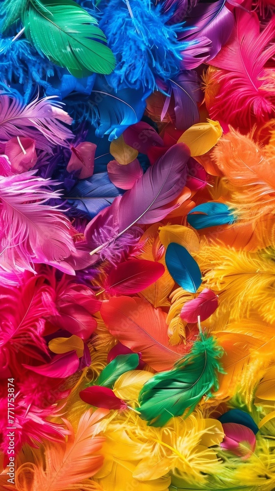 a close up of a pile of colorful feathers. Generative AI