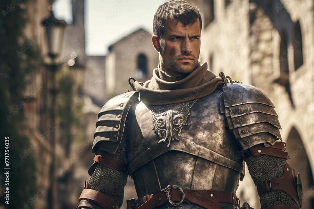 Valiant Medieval knight man medieval city. War armor. Generate Ai Valiant Medieval knight man medieval city. War armor. Generate Ai