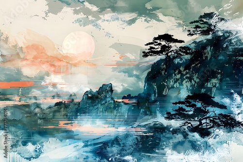 abstract Chinese landscape - raster illustration