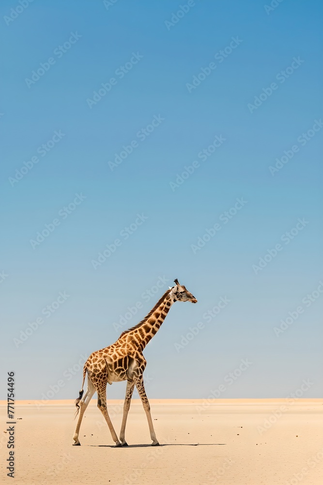 Obraz premium Giraffe walking in the savanna. African savannah and wildlife concept. National Reserve, Kenya. Ecosystem conservation. Design for banner, poster with copy space