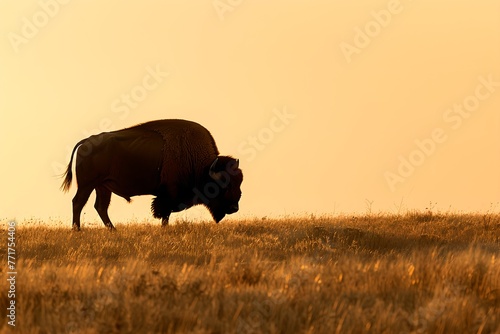 Bison silhouette against a sunrise. African savannah and wildlife concept. National Reserve, Kenya. Ecosystem conservation. Design for banner, poster with copy space