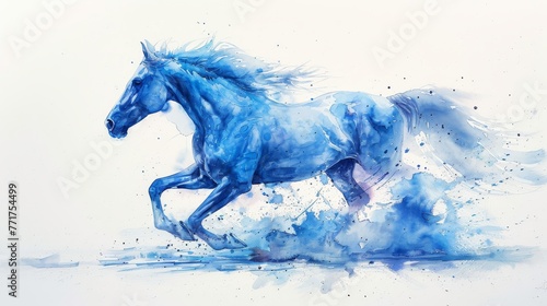  Blue horse running in blue water with splashed paint