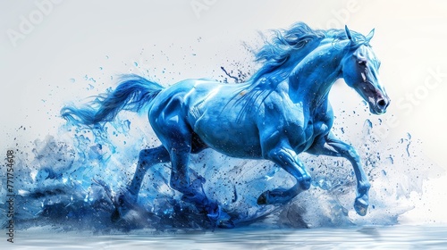  A blue horse galloping through water, with splashes on its back and legs