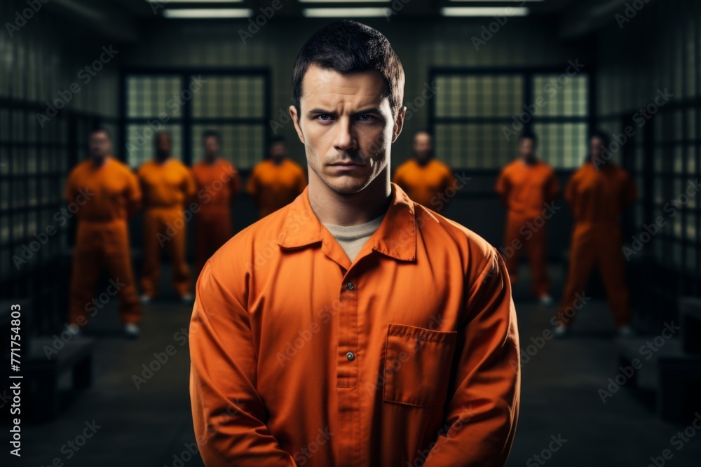 Men prisoner in orange suit lives in prison. Generative Ai