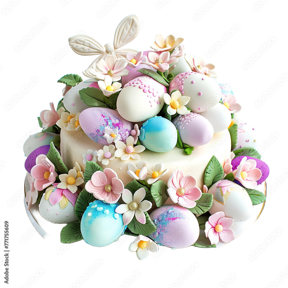 Easter cake with eggs and flowers on transparent or white background
