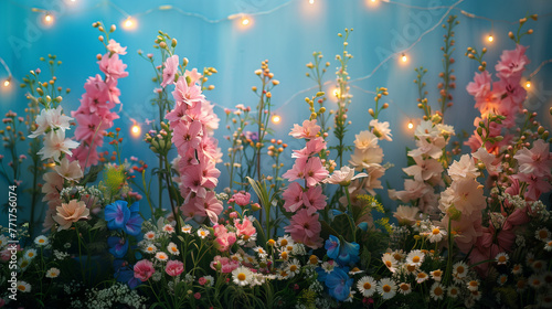 beautiful wedding flower decoration with lights on background