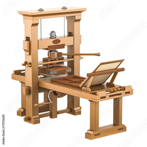 Foto Gutenberg press, vintage printing press, 3D rendering isolated on transparent ba