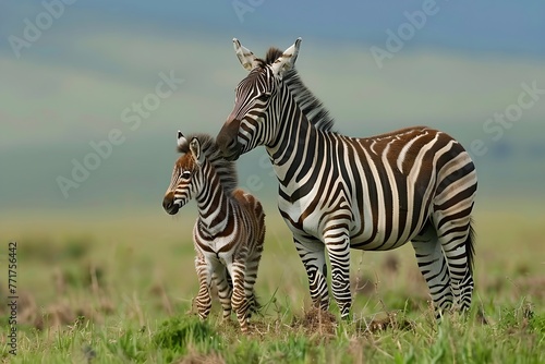 Zebra mother and baby on green field. African savannah and wildlife concept. National Reserve  Kenya. Design for banner  poster