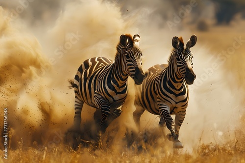 Two zebras running in dust. African savannah and wildlife concept. National Reserve  Kenya. Design for banner  poster