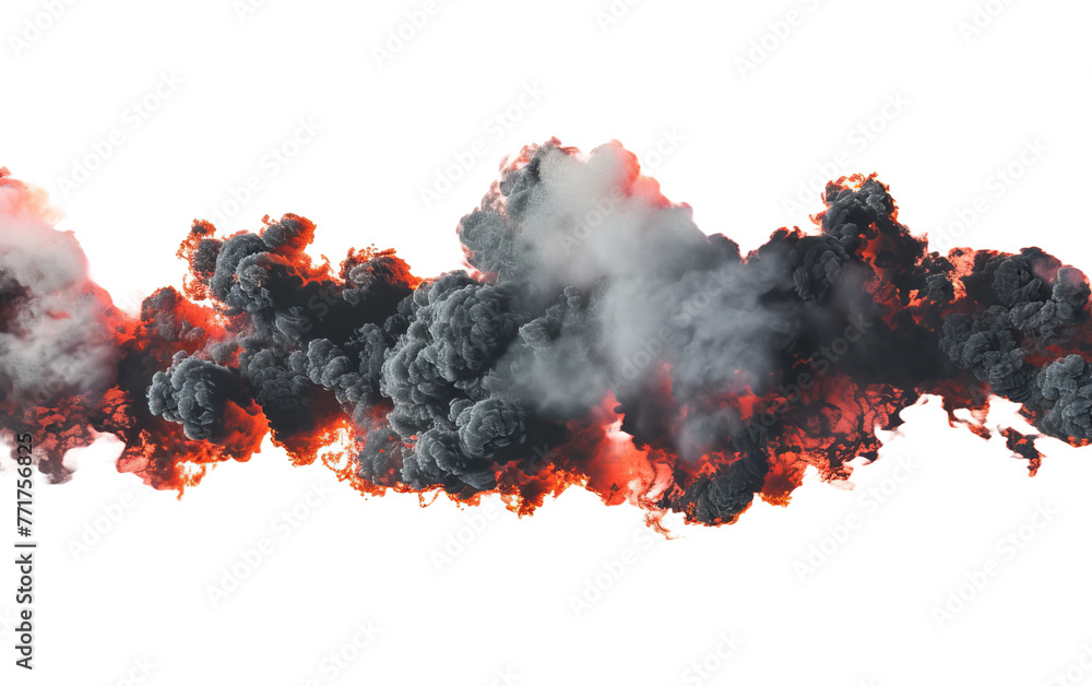 Explosion border with dark smoke and red lava on transparent or white background