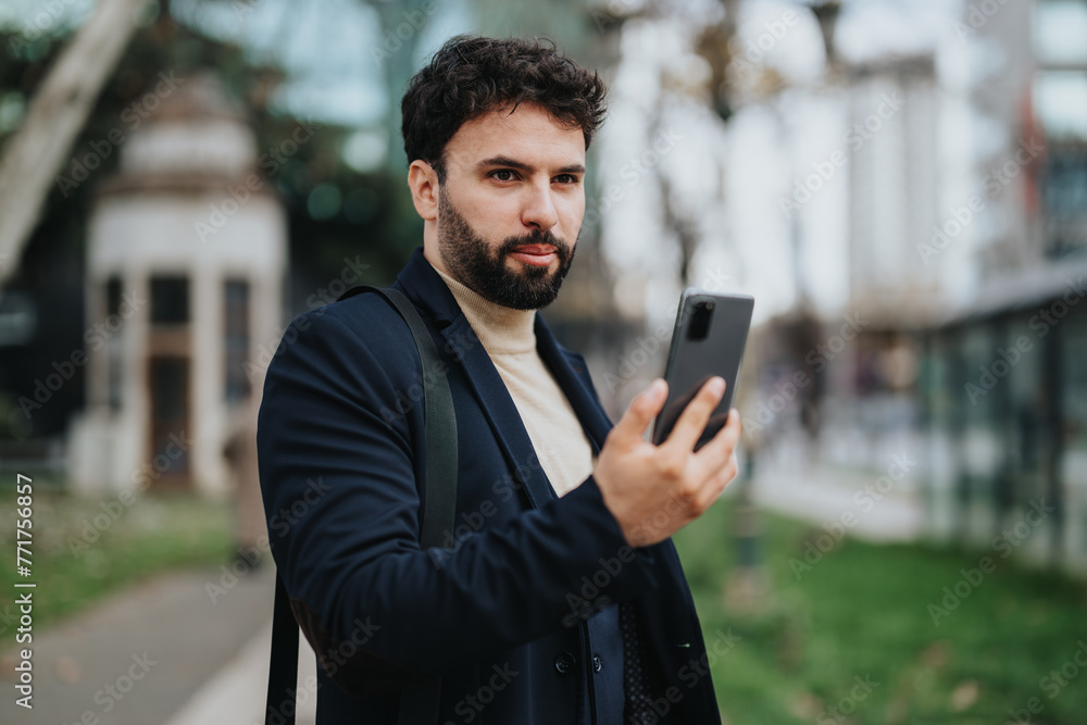 A young professional man in a suit engaged with his phone against an urban backdrop. A young professional man in a suit engaged with his phone against an urban backdrop.