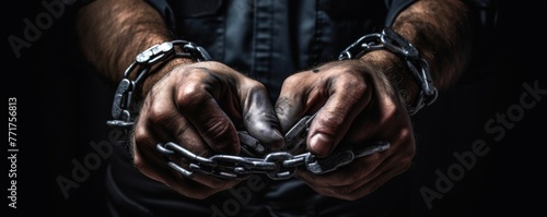 Steel handcuffs on hands of criminal man, banner. Generative Ai. photo