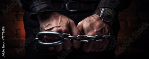 Steel handcuffs on hands of criminal man, banner. Generative Ai.