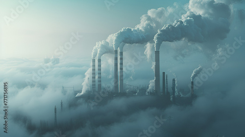 carbon emissions represented by smoke billowing, a thick smog. The environmental consequences of industrial pollution. Generative AI