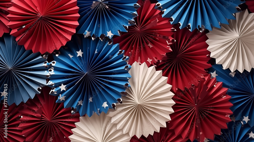 4th of July background, USA Presidents Day, Independence Day, Memorial day, US election concept. Red white and blue paper fans with stars confetti. Flat lay, top view.