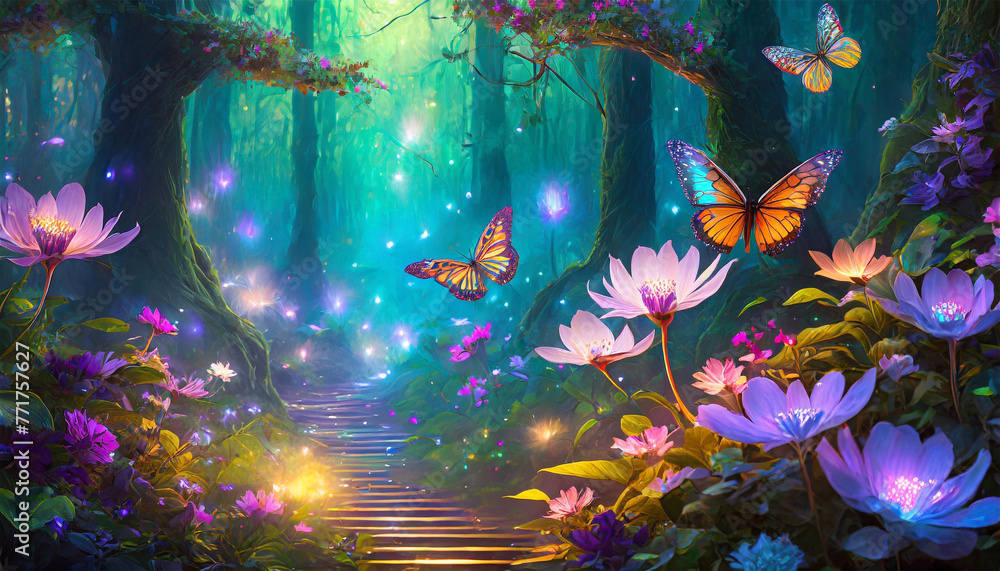 Obraz premium Fantasy forest at night with glowing flowers and butterflies.