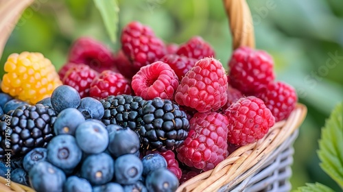 Wallpaper Mural  A table with a basket of raspberries, blueberries, and raspberries Torontodigital.ca