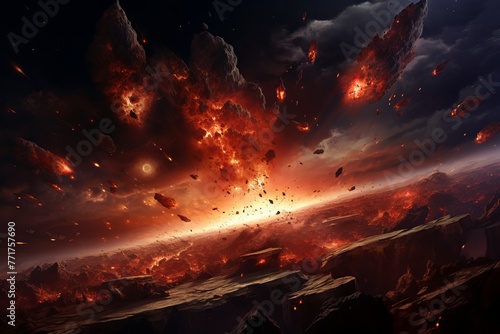Awe-inspiring Meteors hit earth. Hit explosion globe. Generate Ai photo