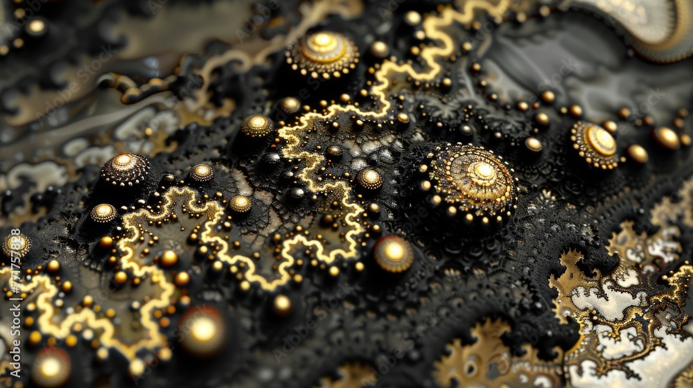  A detailed image of a black and gold cloth adorned with golden and silver beads along its edge