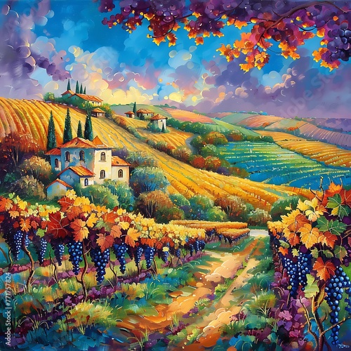 Beautiful and colorful grape farm in harvesting season