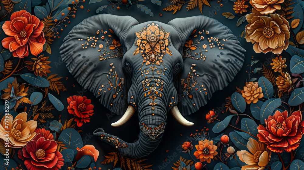 Elegant Elephant: Intricate, dark design amidst lush florals.generative ai - obrazy, fototapety, plakaty 