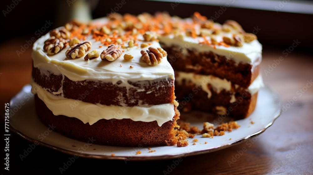 Gluten-free carrot cake with a dairy-free cream cheese frosting and chopped walnuts.