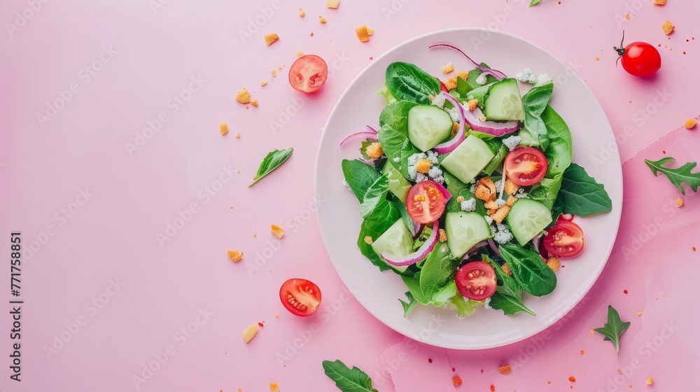 A salad with cucumber, tomato, and lettuce on a pink background with leaves optimized to 21 tokens A salad with cucumber, tomato, and lettuce on a pink background with leaves optimized to 21 tokens