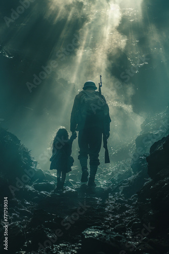 Sacred bond amidst war: soldier guides girl upward, light bathes them.generative ai