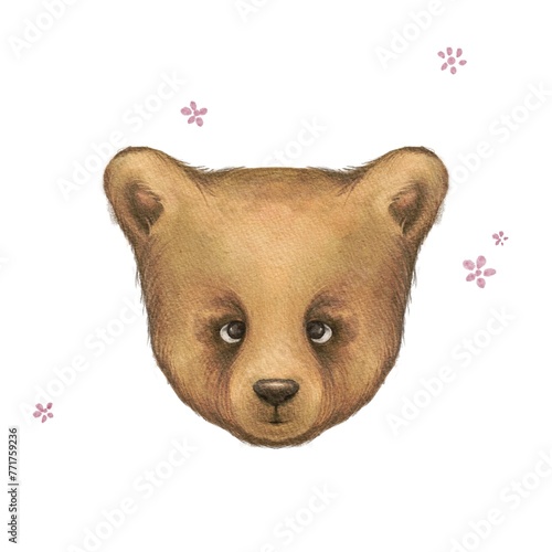 watercolor illustration Teddy Bear head face with flowers