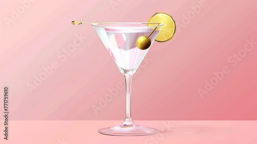  A portrait of a martini glass adorned with a lemon slice on its edge and a lemon wedge submerged within, capturing the essence of a classic cocktail