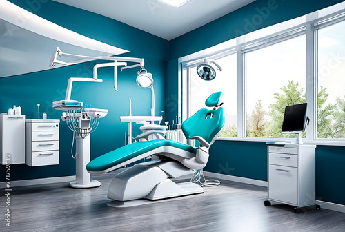 Interior of dental equipment in dentist office in new modern stomatological clinic room. Background of dental chair and accessories used by dentists in blue, medic light. Copy space, text place photo