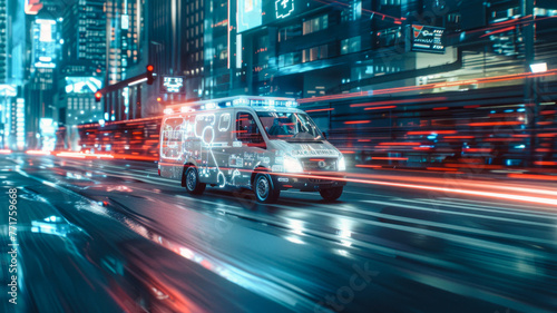 Ambulance in motion with flashing lights, futuristic medical monitors, city street setting, urgency, high-tech healthcare.