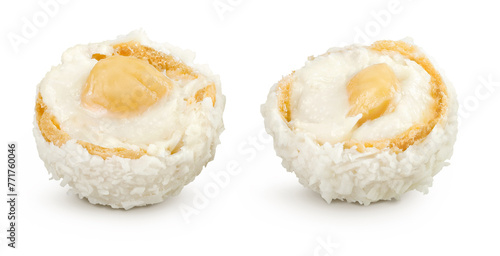 round candy raffaello with coconut flakes and nut isolated on white background photo