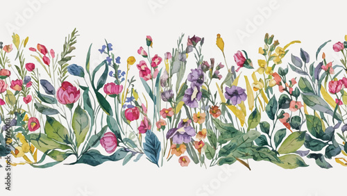 Vibrant Spring Blossoms: Elegant Watercolor Illustration of a Seamless Floral Pattern with Borders and Leaves
