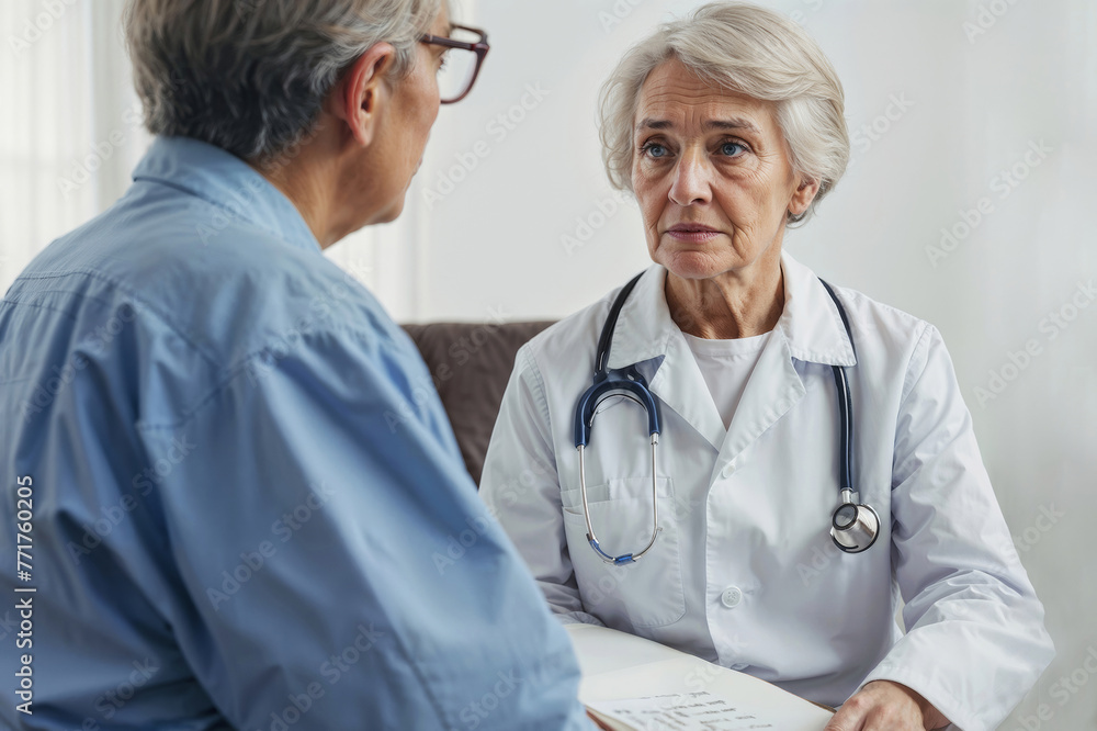 Elderly woman doctor talking to elderly man in medical facility or clinic Elderly woman doctor talking to elderly man in medical facility or clinic