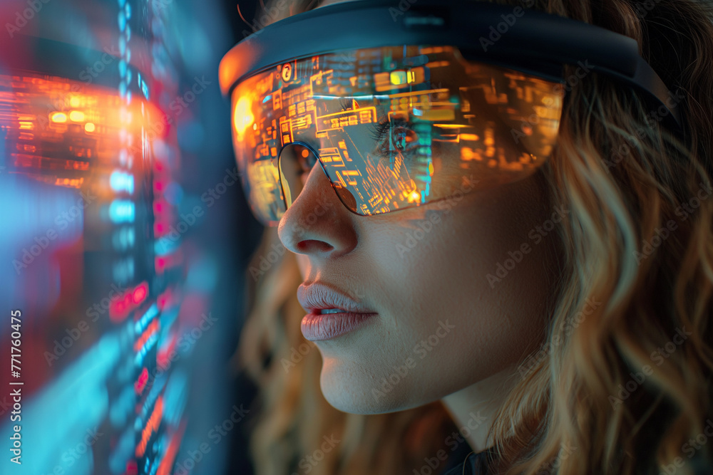 Woman wearing augmented reality glasses Infront of a digital screen - Embarking on a Digital Odyssey Woman wearing augmented reality glasses Infront of a digital screen - Embarking on a Digital Odyssey